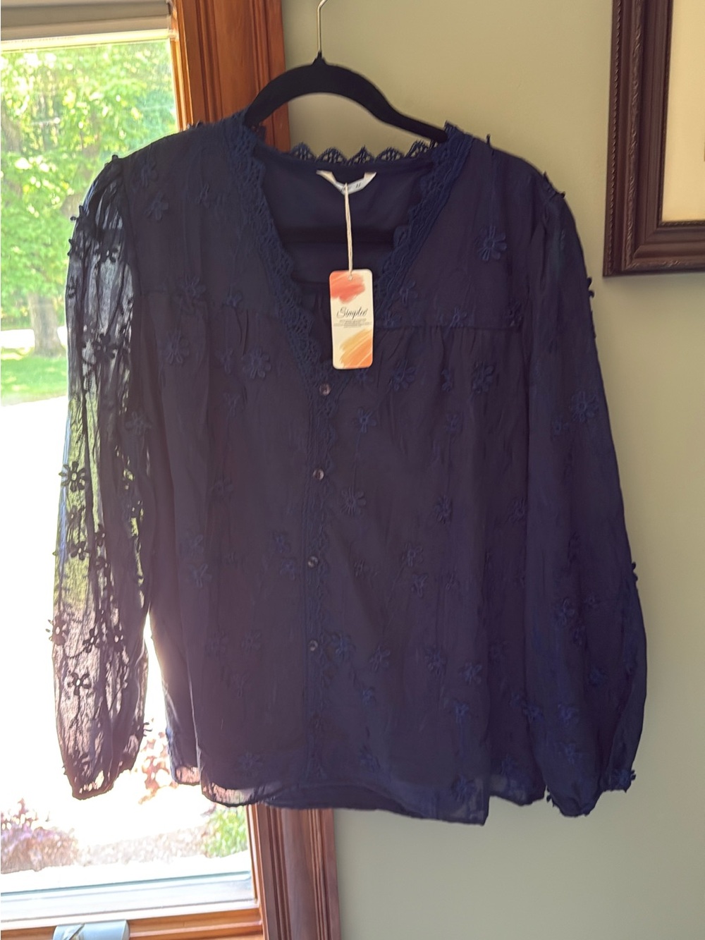 Women's Navy Floral Embroidered Button-Front Blouse - Unbranded